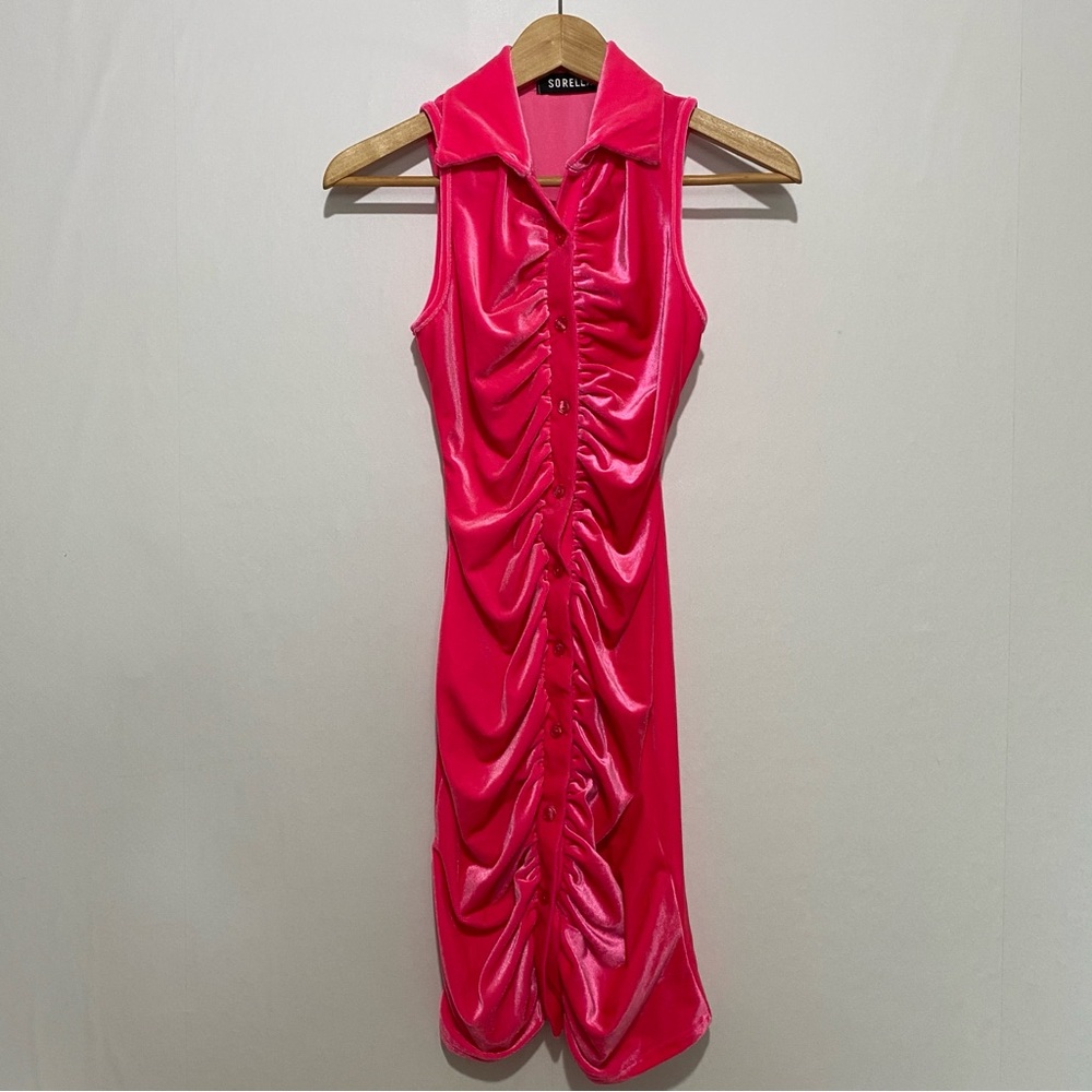 Sorella Hot Pink Ruched Bodycon Dress Women Small‎ Sleeveless Collared Y2K Party